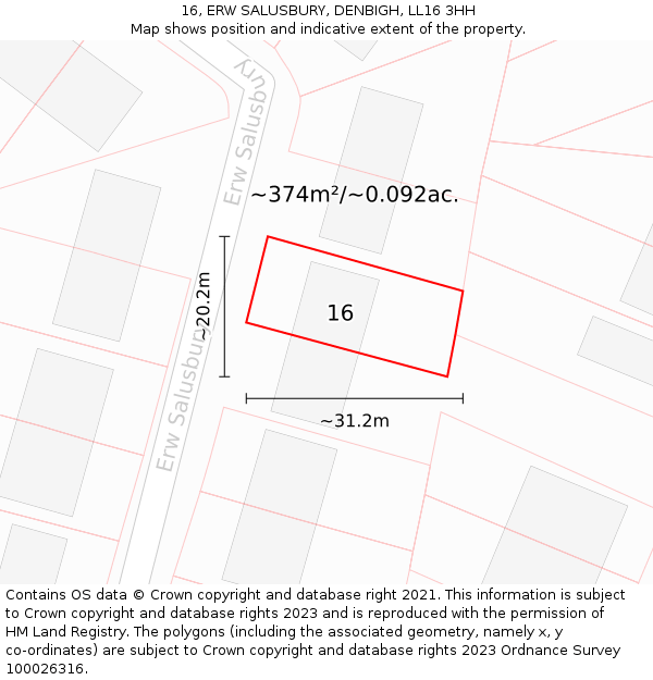 16, ERW SALUSBURY, DENBIGH, LL16 3HH: Plot and title map