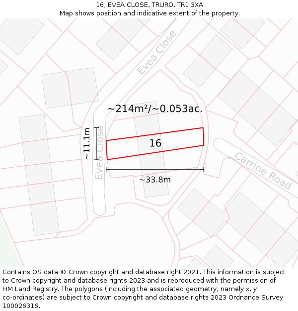 16, EVEA CLOSE, TRURO, TR1 3XA: Plot and title map
