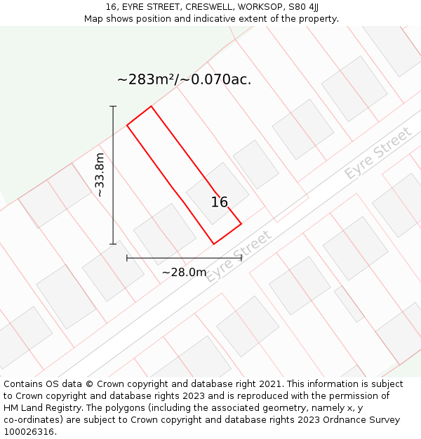 16, EYRE STREET, CRESWELL, WORKSOP, S80 4JJ: Plot and title map