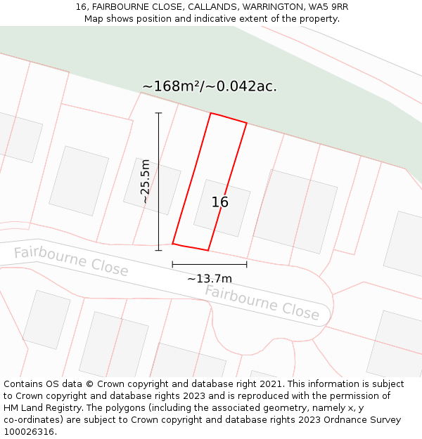 16, FAIRBOURNE CLOSE, CALLANDS, WARRINGTON, WA5 9RR: Plot and title map