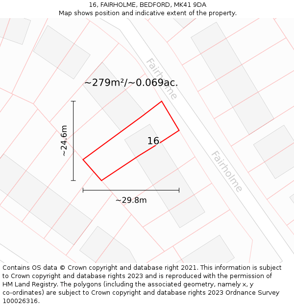 16, FAIRHOLME, BEDFORD, MK41 9DA: Plot and title map