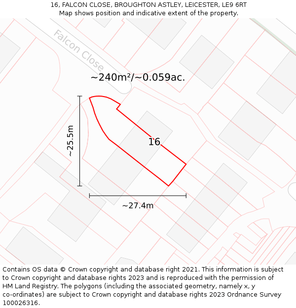 16, FALCON CLOSE, BROUGHTON ASTLEY, LEICESTER, LE9 6RT: Plot and title map