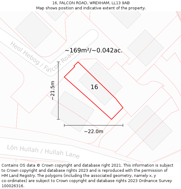 16, FALCON ROAD, WREXHAM, LL13 9AB: Plot and title map