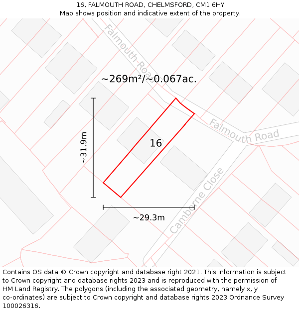16, FALMOUTH ROAD, CHELMSFORD, CM1 6HY: Plot and title map