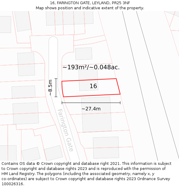 16, FARINGTON GATE, LEYLAND, PR25 3NF: Plot and title map