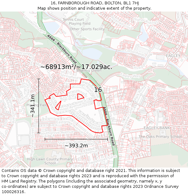 16, FARNBOROUGH ROAD, BOLTON, BL1 7HJ: Plot and title map