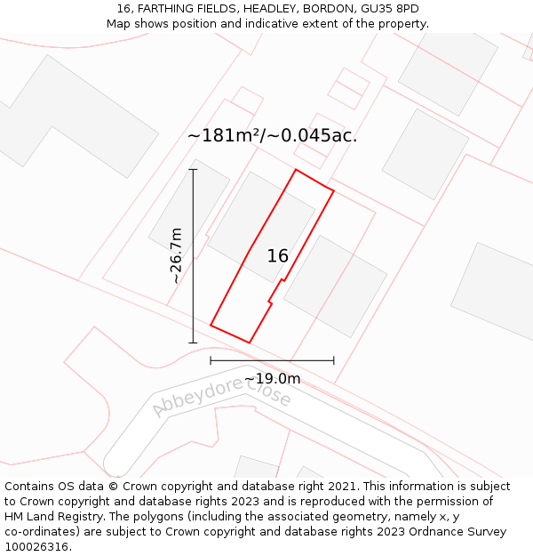 16, FARTHING FIELDS, HEADLEY, BORDON, GU35 8PD: Plot and title map