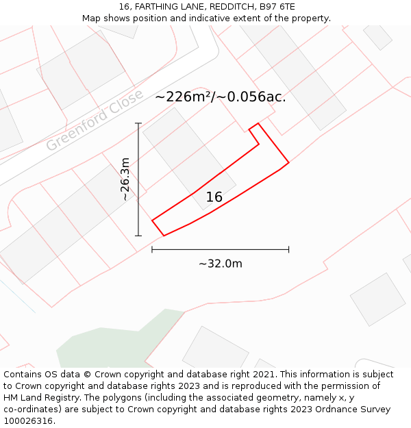 16, FARTHING LANE, REDDITCH, B97 6TE: Plot and title map