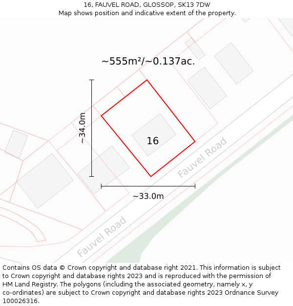 16, FAUVEL ROAD, GLOSSOP, SK13 7DW: Plot and title map