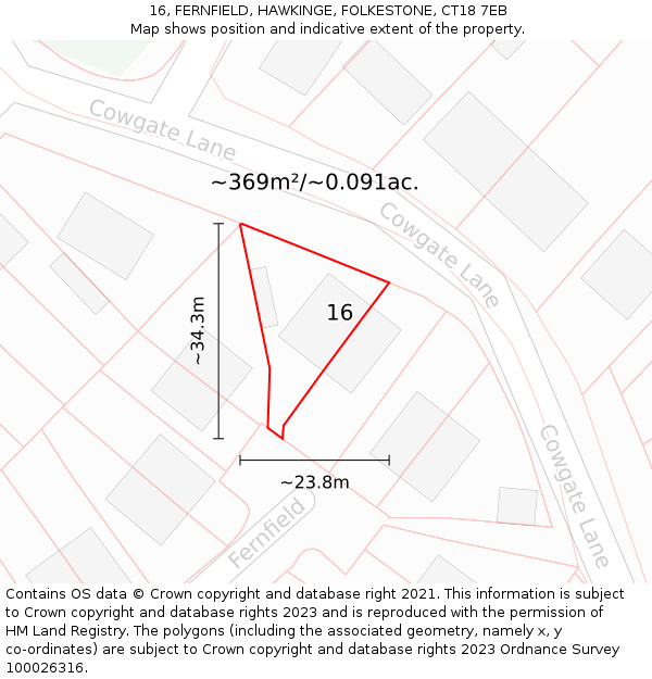 16, FERNFIELD, HAWKINGE, FOLKESTONE, CT18 7EB: Plot and title map