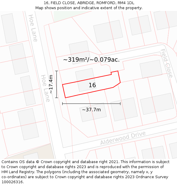 16, FIELD CLOSE, ABRIDGE, ROMFORD, RM4 1DL: Plot and title map