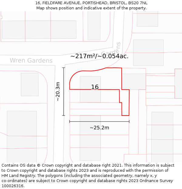 16, FIELDFARE AVENUE, PORTISHEAD, BRISTOL, BS20 7NL: Plot and title map