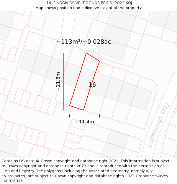 16, FINDON DRIVE, BOGNOR REGIS, PO22 6QJ: Plot and title map