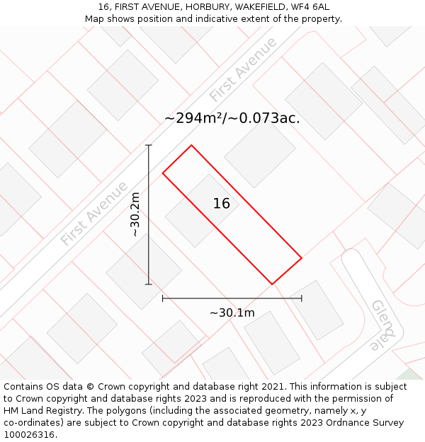 16, FIRST AVENUE, HORBURY, WAKEFIELD, WF4 6AL: Plot and title map