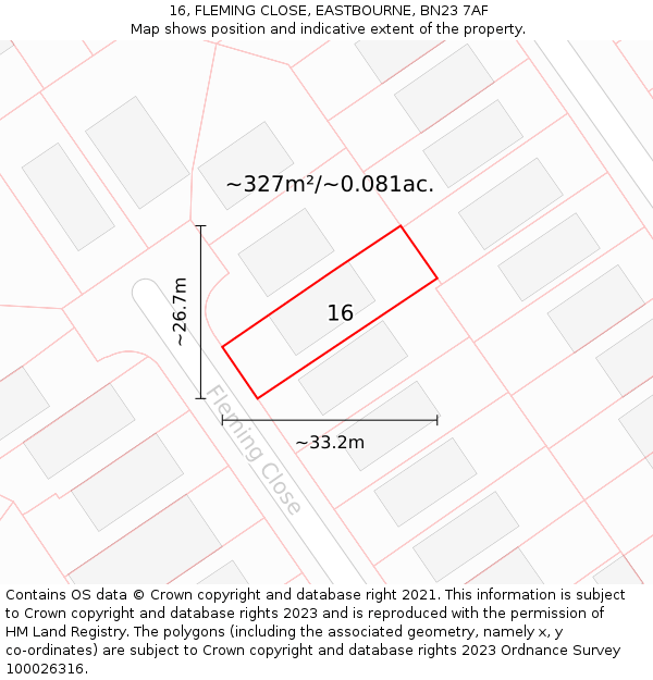 16, FLEMING CLOSE, EASTBOURNE, BN23 7AF: Plot and title map