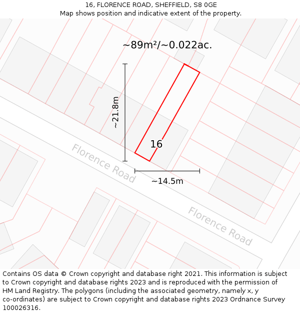 16, FLORENCE ROAD, SHEFFIELD, S8 0GE: Plot and title map