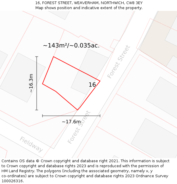 16, FOREST STREET, WEAVERHAM, NORTHWICH, CW8 3EY: Plot and title map