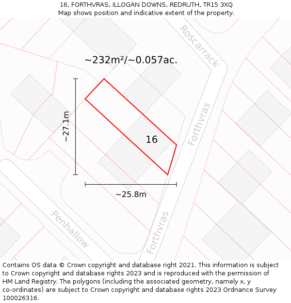 16, FORTHVRAS, ILLOGAN DOWNS, REDRUTH, TR15 3XQ: Plot and title map