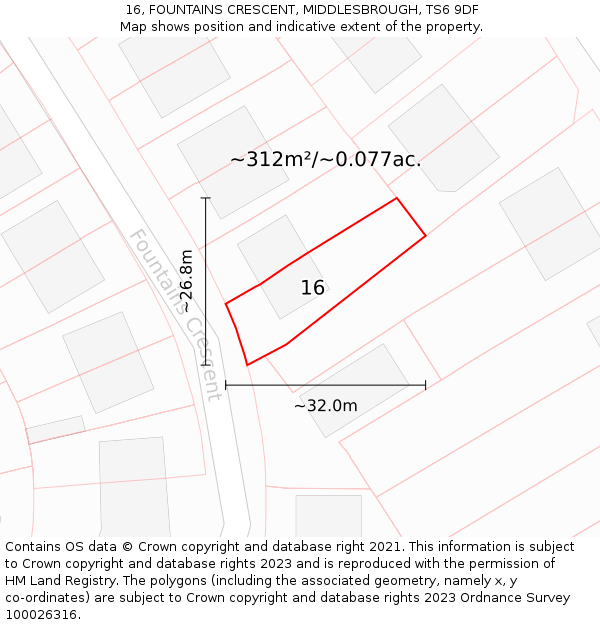 16, FOUNTAINS CRESCENT, MIDDLESBROUGH, TS6 9DF: Plot and title map