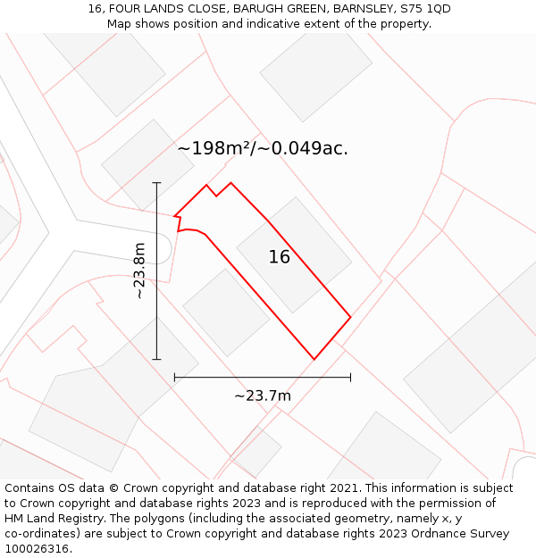 16, FOUR LANDS CLOSE, BARUGH GREEN, BARNSLEY, S75 1QD: Plot and title map
