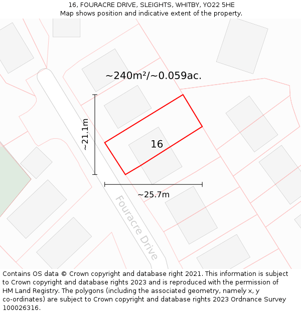 16, FOURACRE DRIVE, SLEIGHTS, WHITBY, YO22 5HE: Plot and title map