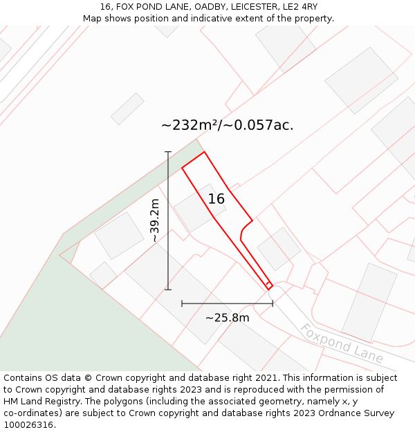16, FOX POND LANE, OADBY, LEICESTER, LE2 4RY: Plot and title map