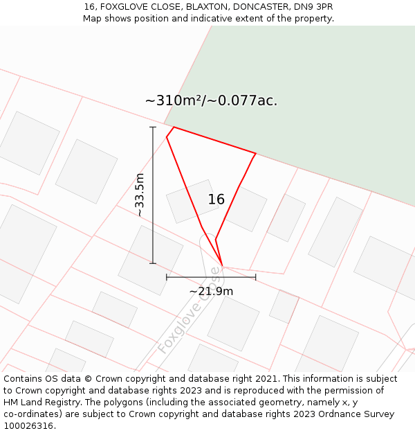 16, FOXGLOVE CLOSE, BLAXTON, DONCASTER, DN9 3PR: Plot and title map