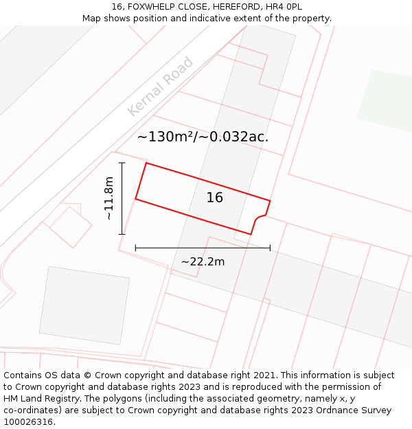 16, FOXWHELP CLOSE, HEREFORD, HR4 0PL: Plot and title map