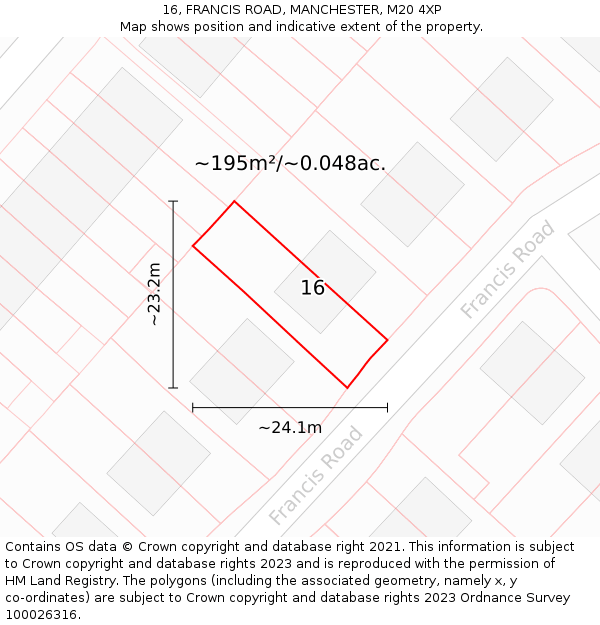 16, FRANCIS ROAD, MANCHESTER, M20 4XP: Plot and title map