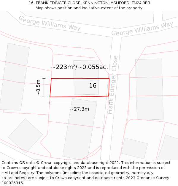 16, FRANK EDINGER CLOSE, KENNINGTON, ASHFORD, TN24 9RB: Plot and title map