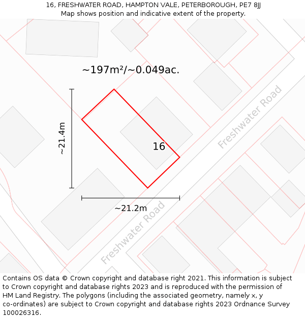16, FRESHWATER ROAD, HAMPTON VALE, PETERBOROUGH, PE7 8JJ: Plot and title map
