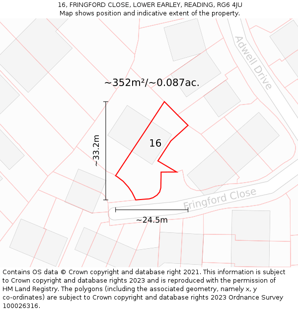 16, FRINGFORD CLOSE, LOWER EARLEY, READING, RG6 4JU: Plot and title map