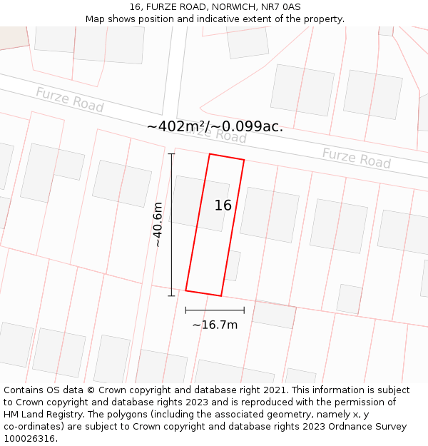 16, FURZE ROAD, NORWICH, NR7 0AS: Plot and title map
