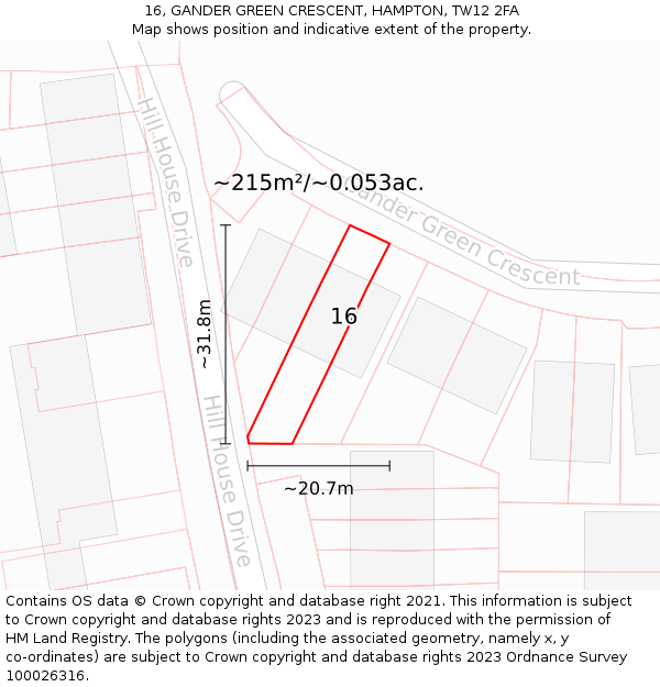 16, GANDER GREEN CRESCENT, HAMPTON, TW12 2FA: Plot and title map