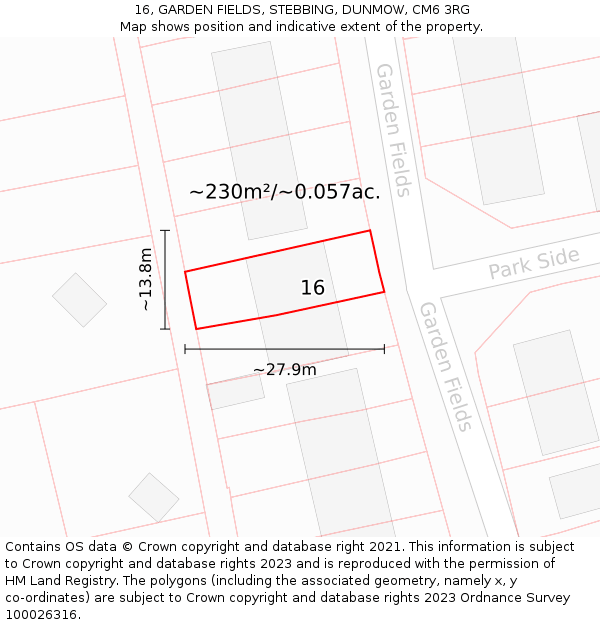 16, GARDEN FIELDS, STEBBING, DUNMOW, CM6 3RG: Plot and title map