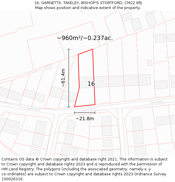16, GARNETTS, TAKELEY, BISHOP'S STORTFORD, CM22 6RJ: Plot and title map