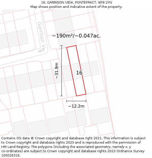 16, GARRISON VIEW, PONTEFRACT, WF8 2YN: Plot and title map