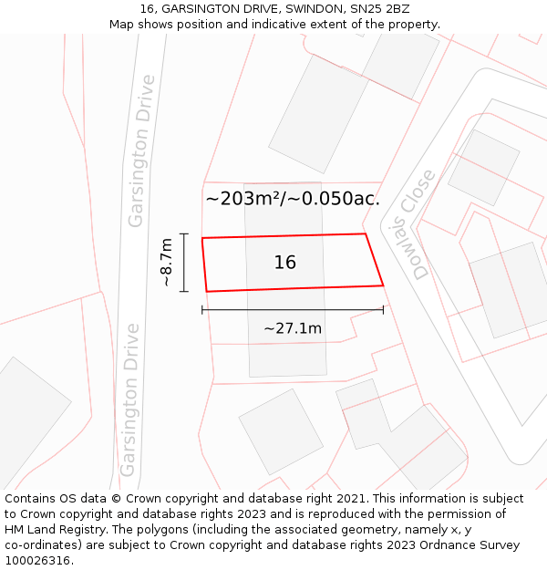 16, GARSINGTON DRIVE, SWINDON, SN25 2BZ: Plot and title map