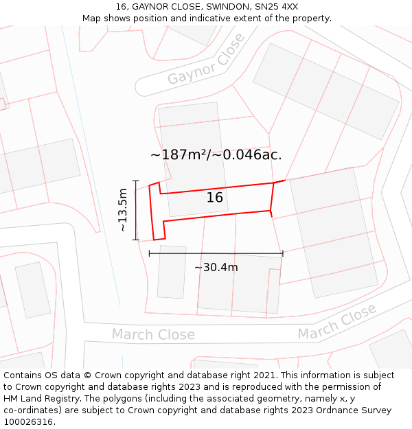 16, GAYNOR CLOSE, SWINDON, SN25 4XX: Plot and title map