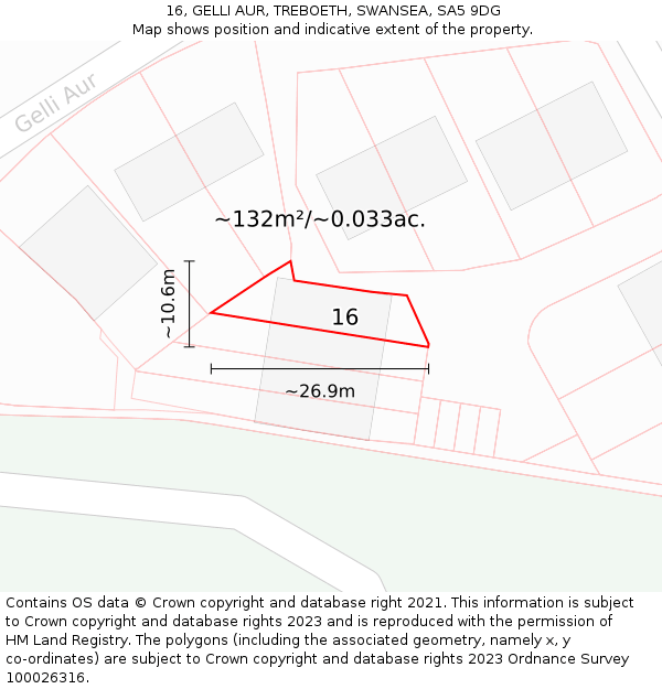 16, GELLI AUR, TREBOETH, SWANSEA, SA5 9DG: Plot and title map