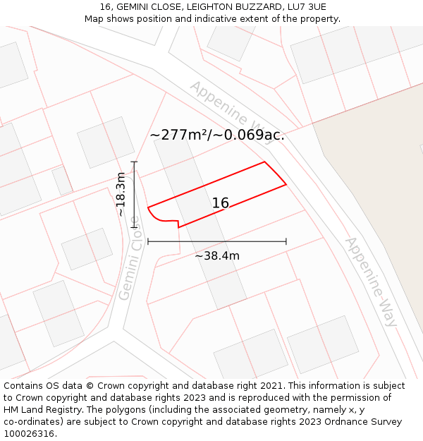 16, GEMINI CLOSE, LEIGHTON BUZZARD, LU7 3UE: Plot and title map