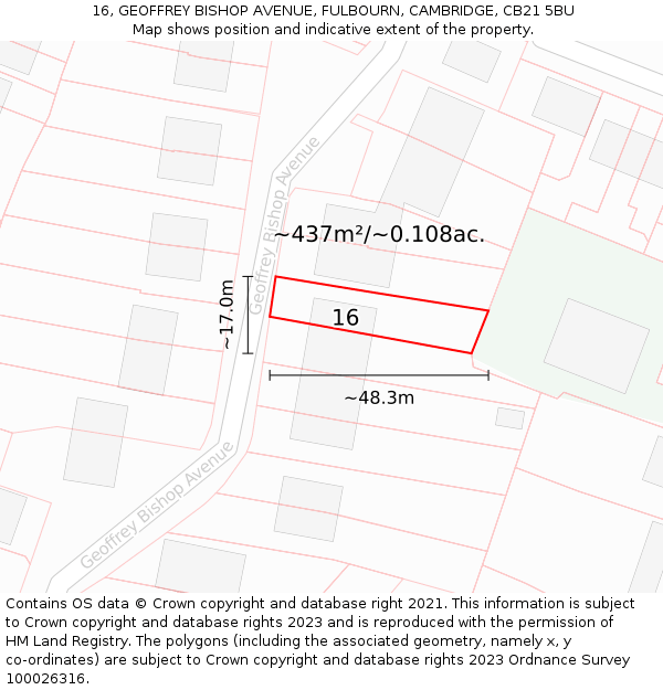 16, GEOFFREY BISHOP AVENUE, FULBOURN, CAMBRIDGE, CB21 5BU: Plot and title map