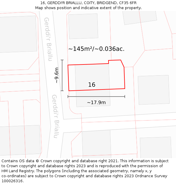 16, GERDDI'R BRIALLU, COITY, BRIDGEND, CF35 6FR: Plot and title map