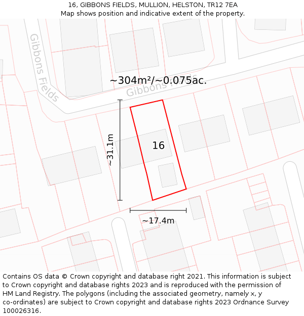 16, GIBBONS FIELDS, MULLION, HELSTON, TR12 7EA: Plot and title map