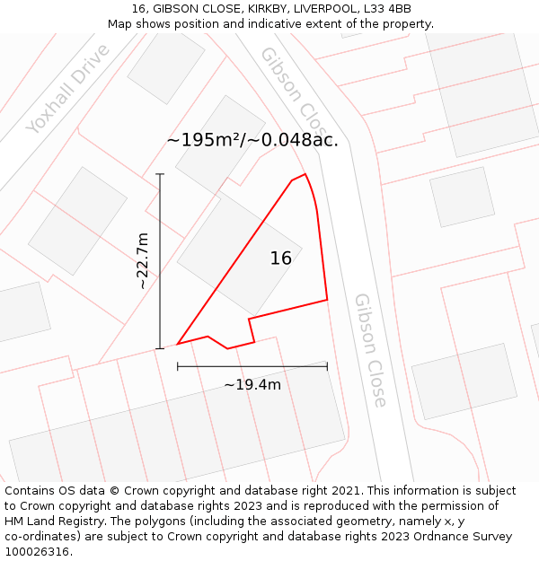 16, GIBSON CLOSE, KIRKBY, LIVERPOOL, L33 4BB: Plot and title map