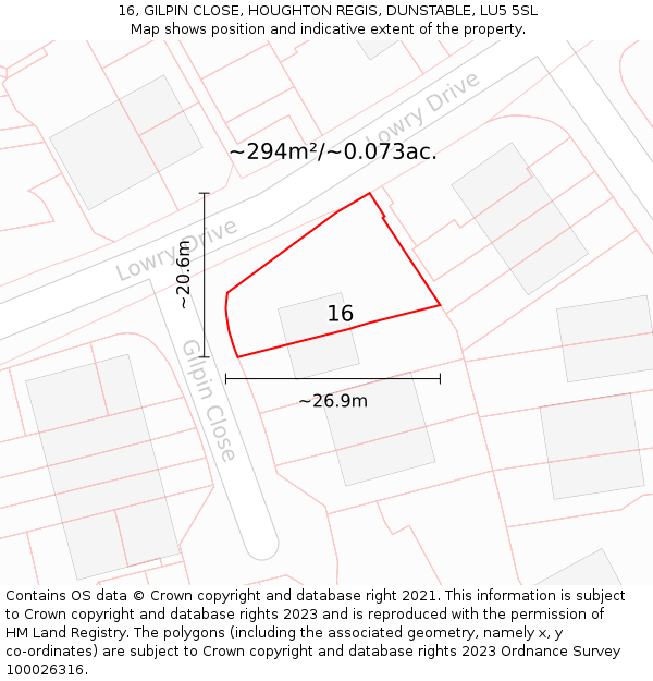 16, GILPIN CLOSE, HOUGHTON REGIS, DUNSTABLE, LU5 5SL: Plot and title map