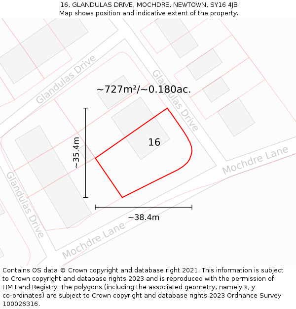 16, GLANDULAS DRIVE, MOCHDRE, NEWTOWN, SY16 4JB: Plot and title map