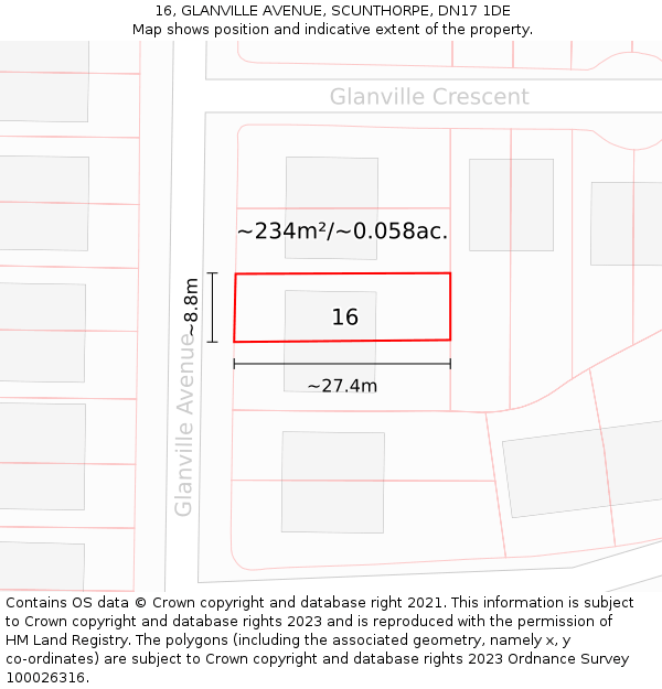16, GLANVILLE AVENUE, SCUNTHORPE, DN17 1DE: Plot and title map