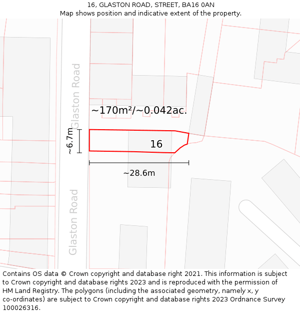 16, GLASTON ROAD, STREET, BA16 0AN: Plot and title map