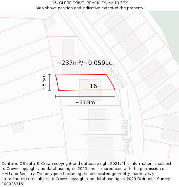 16, GLEBE DRIVE, BRACKLEY, NN13 7BX: Plot and title map